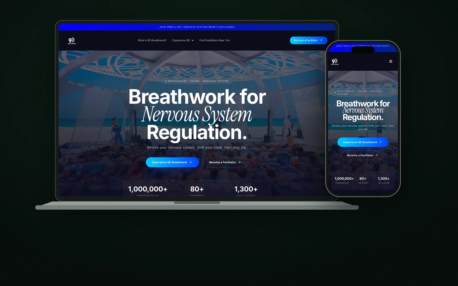 9D Breathwork website shown on laptop and phone